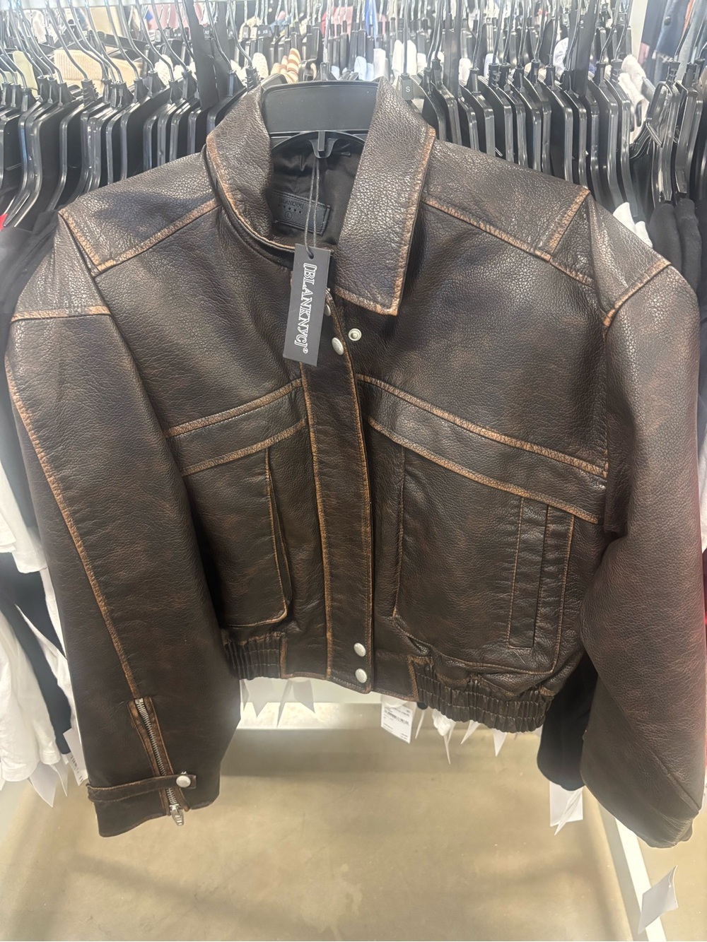 Blank NYC Junior-Style Brown Distressed Leather Bomber Jacket